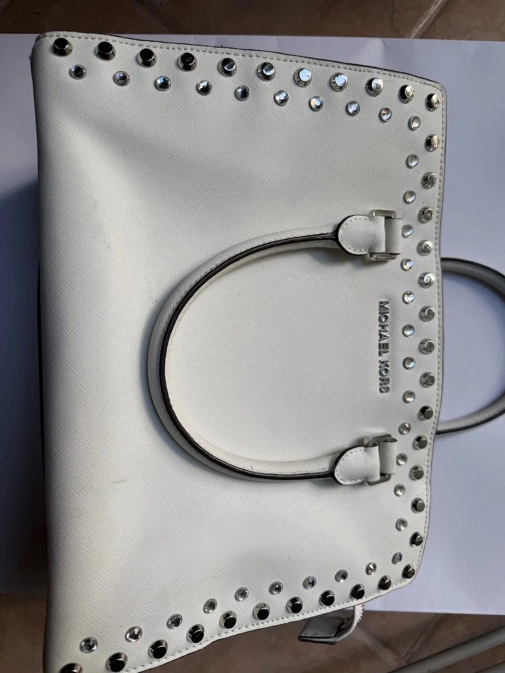 Michael Kors White Studded Saffiano Satchel with Silver Hardware - Picture 2 of 7